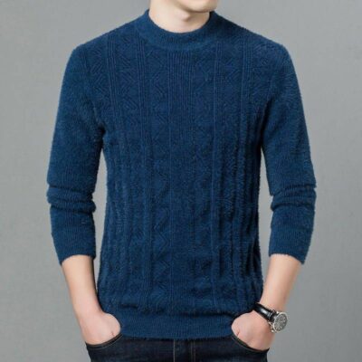 Áo len lông cừu chồn áo len nam màu trơn cộng với nhung dày mùa đông mới nửa áo len cao cổ áo len nam xu hướng giản dị