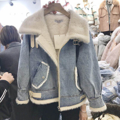 Áo khoác denim nữ lông cừu dày mới mùa thu đông quần áo cotton len cừu ngắn áo khoác ấm áp đầu cotton