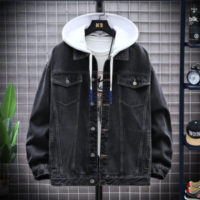 Năm 2023 Nam Mới Denim Plus Phân bón Plus 300 Catties Mỡ Retro Áo Khoác Denim Rời Áo Khoác Có Mũ Trùm Đầu