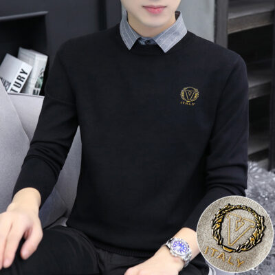 Giả 2 Áo Len Dệt Kim Nam Cổ Sơ Mi Áo Len Thu Đông 2022 Xu Hướng Mới Ấm Bên Trong Ấm Hàng Đầu