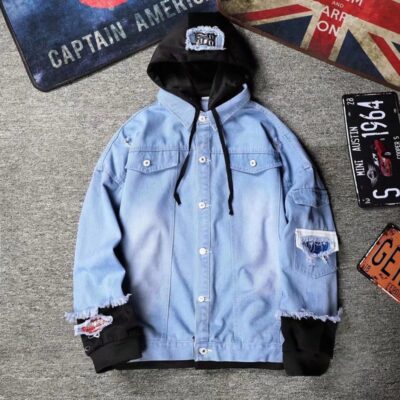 Mùa thu và mùa đông áo khoác denim có mũ trùm đầu nam phong cách Hàn Quốc hợp thời trang áo khoác đẹp trai giả hai mảnh quần áo retro bán buôn quần áo nam
