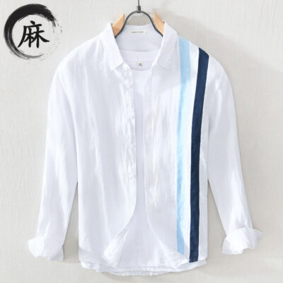 Mùa xuân và mùa hè mới của đàn ông vải lanh dài tay áo sơ mi nam rộng kích thước lớn nối thanh niên hàng đầu triều M2052