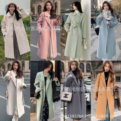 Áo khoác len cashmere hai mặt nữ mùa xuân và mùa thu 2023 phiên bản mới của Hàn Quốc bán buôn áo khoác len dài vừa phải