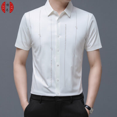 Áo sơ mi nam ngắn tay liền mạch mùa hè 2023 in hình đơn giản đàn hồi cao liền mạch phù hợp với áo sơ mi nam ngắn tay