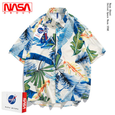 NASA ba phần tư tay áo sơ mi mùa hè mỏng thương hiệu thời trang lụa băng chất lượng cao thường ngày quần áo đi biển áo sơ mi nam ngắn tay