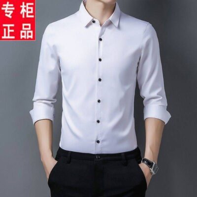 Mới cao cấp lụa băng dài tay áo sơ mi nam màu trơn áo sơ mi mỏng mùa xuân và mùa thu trung niên thường quần áo cỡ lớn inch