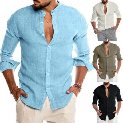 2023 xuất khẩu Quần Áo Nam Amazon AliExpress Linen Cổ Đứng Tay Dài Nam Cardigan Áo Sơ Mi Nam Mùa Hè