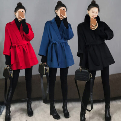 Nước Gợn Sóng 2 Mặt Áo Khoác Cashmere Nữ Mùa Xuân 2021 Mới Size Lớn Rời Mỏng Áo Khoác Len