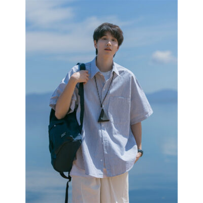 Nhật Bản Sọc Áo Sơ Mi Nam Mùa Hè Cityboy Thường Ngày Tất Cả Phù Hợp Với Ve Áo Sơ Mi Hợp Thời Trang Thương Hiệu Áo Khoác Mỏng Hợp Thời Trang