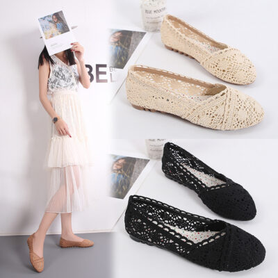 Dệt tất cả các trận đấu của phụ nữ giày vải lưới giày đế mềm cao su giày thường kích thước lớn Mori miệng nông hoa văn rỗng giày đơn nữ