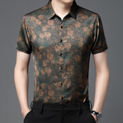 Áo sơ mi giả lụa cao cấp nam ngắn tay mùa hè áo sơ mi nam in băng lụa hoa thời trang bố top mỏng