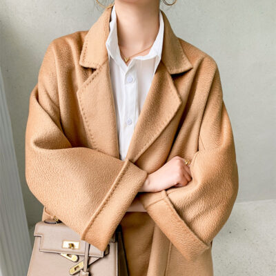 Áo khoác len cashmere hai mặt gợn sóng nước Max dài vừa phải cho nữ áo khoác len buộc dây phong cách Hàn Quốc