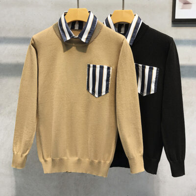 Triều Thương Hiệu Mùa Đông Mới Miếng Dán Cổ Áo Sơ Mi Nối Giả Hai Mảnh Nam Retro Áo Len Thu Đông Dệt Kim