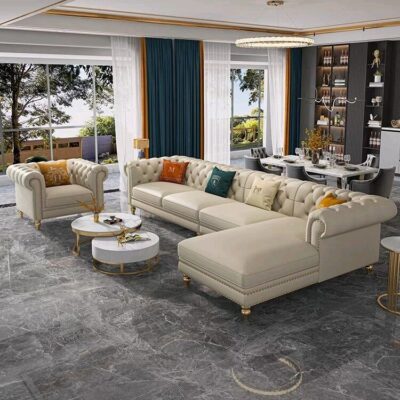 Sofa phòng khách chung cư lớn nhỏ kiểu Mỹ nhẹ sang trọng đầu lớp da bò khóa góc kết hợp ghế đôn đơn giản