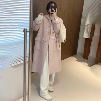 Áo khoác len cashmere hai mặt lỏng lẻo hai mặt khí chất cao cấp Hàn Quốc Áo khoác len có mũ dài đến đầu gối cho nữ