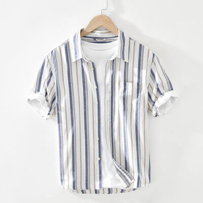 Mùa Hè Năm 2738 Mỏng Nam Cotton Và Vải Lanh Áo Sơ Mi Trẻ Trung Nghệ Thuật Sọc Cổ Vuông Áo Sơ Mi Ngắn Tay