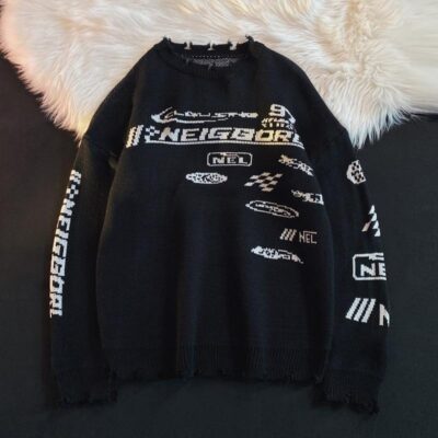 2022 Retro Nguyên Edge Đua Phù Hợp Với Chữ Dạ Nỉ Áo Len Đen Rời Dệt Kim Dành Cho Cặp Đôi Nam Nữ