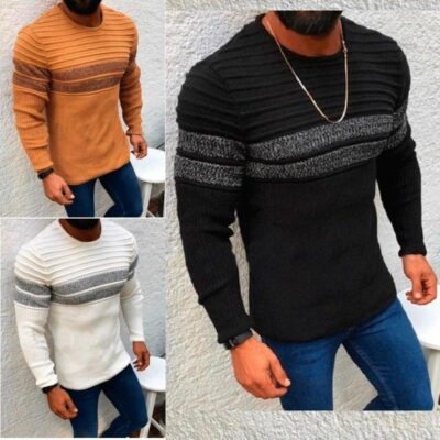 2023 Áo Len Nam Thu Đông Ngoại Thương Mới Phối Màu Sọc Thường Amazon Cổ Tròn Chui Đầu Áo Len Bán Buôn