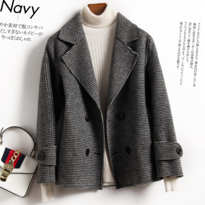 Áo khoác cashmere 2 mặt chống mùa nữ houndstooth dáng rộng thường ngày mùa thu đông cao cấp phù hợp với cổ áo len kẻ sọc