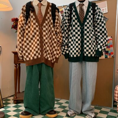 Mùa thu và mùa đông áo len kẻ sọc ca rô nam thương hiệu thời trang Hồng Kông phong cách thể thao phóng khoáng sinh viên xu hướng giản dị áo khoác cardigan