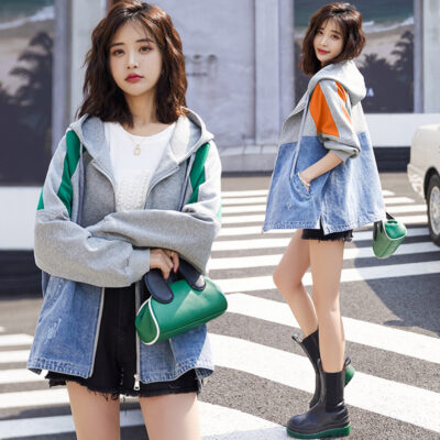 2023 Có Mũ Rời Hàn Quốc Áo Khoác Thường Áo Khoác Mùa Xuân Và Mùa Thu Mới Ga Châu Âu Denim Khâu Áo Khoác Nữ