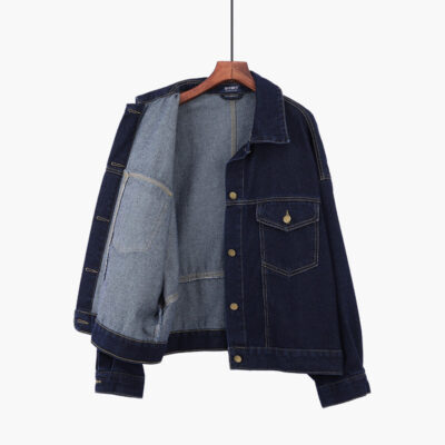 Mùa xuân và mùa thu phiên bản Hàn Quốc của áo khoác denim nữ ngắn tay màu xanh đậm dài tay áo khoác rộng thường ngày