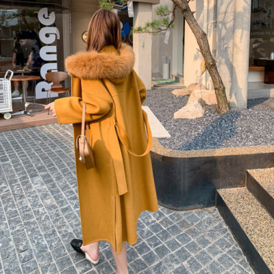 Sản phẩm mới phiên bản Hàn Quốc cổ áo lông cáo lớn 100% len cao cấp áo choàng tắm cashmere có mũ trùm đầu áo khoác len hai mặt