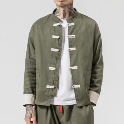 Phong Cách Trung Hoa Vải Lanh Cotton Khóa Size Lớn Nam Áo Khoác Áo Khoác Nam Vải Lanh Retro Cổ Đứng Đường phù Hợp Với Hàng Đầu Lô