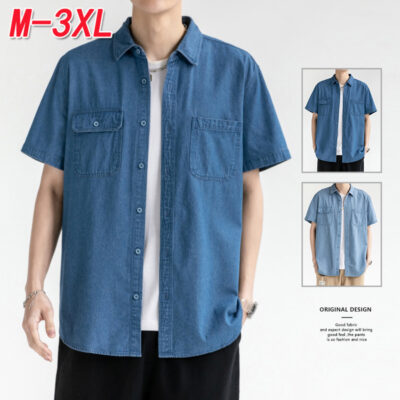 Sơ mi denim tay ngắn thời trang nam mùa hè cotton mới xu hướng hàng đầu Nhật Bản sơ mi bé trai