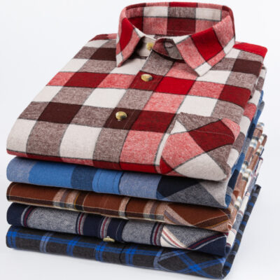Áo sơ mi nam dài tay mùa xuân và mùa thu cotton chải kẻ sọc giản dị cho người trung niên và người cao tuổi áo sơ mi của bố áo khoác áo khoác inch