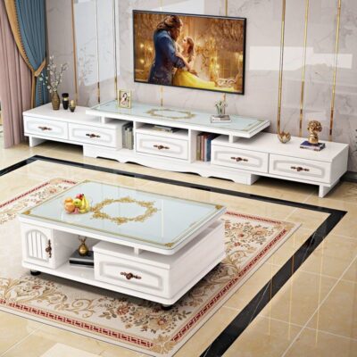 Tủ tivi góc tròn châu Âu bàn cà phê bàn cà phê đơn giản kết hợp bàn cà phê kính cường lực tủ tivi nhỏ phòng khách bán buôn