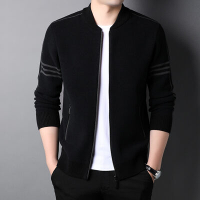 Áo khoác ấm áp mùa thu đông 2021 giản dị dành cho người trung niên và thanh niên áo len dệt kim dài tay cổ bóng chày dáng ôm màu đen đốm đen