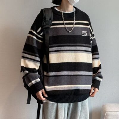 Mỹ áo len nam nữ phong cách retro cơ bản áo len sọc trắng đen áo chui đầu cổ tròn rời áo len dày dặn