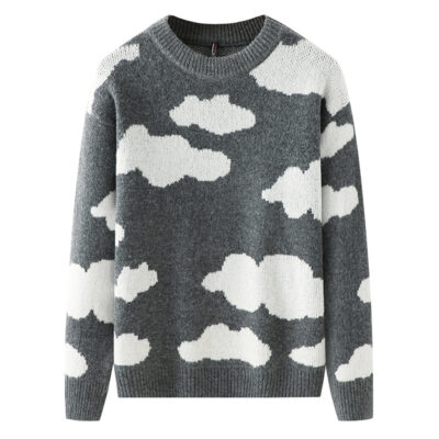 Ngoại thương nam mùa thu mới áo len dệt kim cá tính họa tiết đám mây trắng áo thun chui đầu áo len dáng rộng áo len trẻ trung