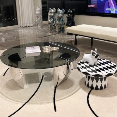 Ý tối giản bằng thép không gỉ màu đỏ bàn trà căn hộ nhỏ Bàn trà đẹp tròn bàn trà kính cường lực thiết kế bàn trà treo