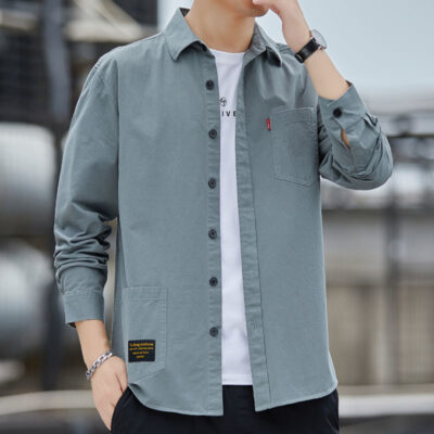 Áo khoác nam dài tay cotton dáng rộng cao cấp áo sơ mi nam mùa xuân và mùa thu áo sơ mi nam xu hướng áo khoác denim áo thun