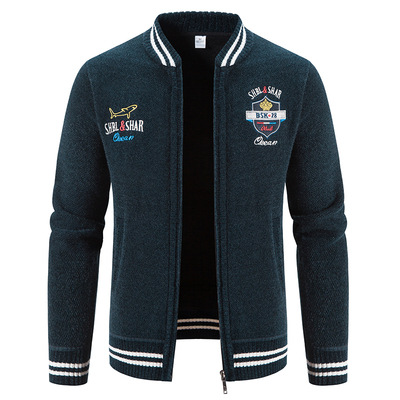 2022 mùa thu đông mới Amazon cardigan dệt kim thêu cổ áo bóng chày Plus nhung dày ấm áo khoác