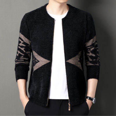 Mùa Thu Đông 2022 Mới Nam Dày Giả Nhung Chồn Dệt Kim Áo Khoác Cardigan Trung Niên Và Thanh Niên Áo Len Tam Giác Dây Kéo Áo Len
