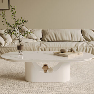 Màu trắng kem phong cách bàn cà phê phòng khách hộ gia đình đỏ sáng tạo căn hộ nhỏ bàn cà phê hình bầu dục bàn 2023 mới đơn giản