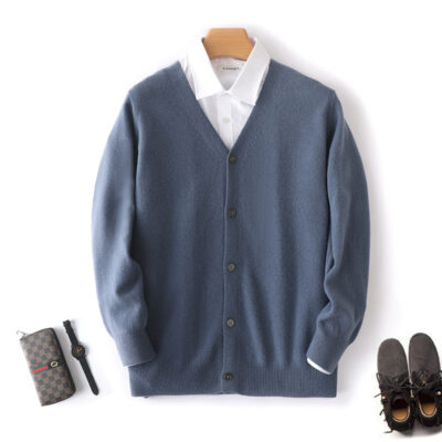 Mùa Thu Đông Mới Nam Áo Len Cashmere Cardigan Cổ Chữ V Cài Nút Công Sở Tất Cả Các Trận Đấu Đơn Giản Dệt Kim Phối Áo Len