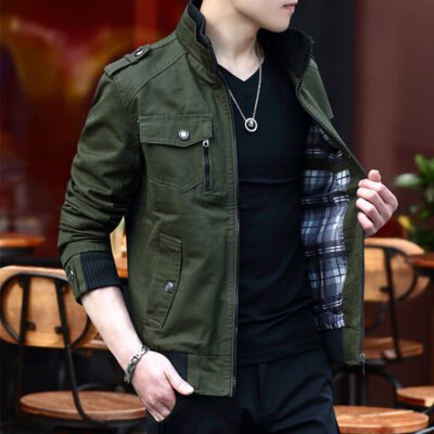 Áo khoác nam mới 2023 phong cách Hàn Quốc cổ đứng hợp thời trang xuân thu denim dày dụng cụ áo khoác bông quần áo