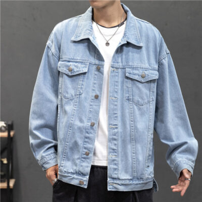 Amazon Mùa Thu Màu Trơn Nam Quần Áo Denim Cặp Đôi Mặc Áo Khoác Rộng Thanh Niên Sinh Viên Size Lớn Áo Khoác Denim Nam