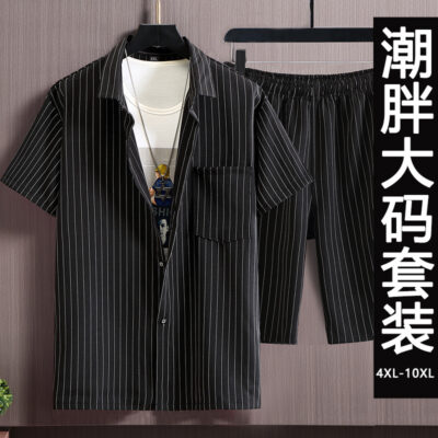 Mùa hè size lớn nam sọc dọc áo sơ mi rộng rãi chất béo thêm lớn cộng với chất béo cộng với kinh doanh áo sơ mi ngắn tay không ủi