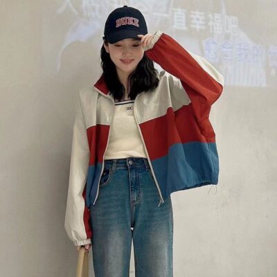 Mùa hè năm 2023 mới phong cách Hồng Kông khâu màu sắc tương phản cổ đứng áo khoác áo khoác nữ tay dơi chống gió chống nắng cardigan hàng đầu