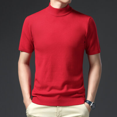 Thời trang đơn giản nam dệt kim màu trơn nửa cao cổ áo len ngắn tay thu đông đáy áo thời trang áo len nam phù hợp với mọi lứa tuổi