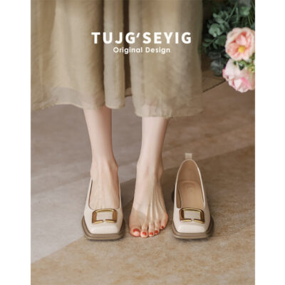 Pháp Retro Mary Jane Giày Da Nhỏ Cao Cấp Vuông Khóa Phẳng Đơn Size Lớn Giày Nữ 41-43 Mỡ Chân Rộng Mỡ
