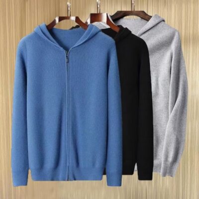 Mùa xuân năm 2023 mới dây kéo nam áo len cardigan mùa thu đông thể thao giải trí có mũ trùm đầu đồng màu tất cả các trận đấu áo len nam