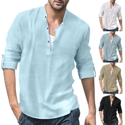 2022 Amazon Ga Độc Lập Ngoại Thương Mùa Thu Đông Nam Linen Henley Áo Sơ Mi Cổ Đứng Dài Tay Bãi Biển Áo Sơ Mi
