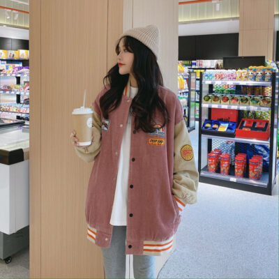 Áo khoác nhung kẻ nữ mùa xuân và mùa thu 2023 phiên bản Hàn Quốc mới Áo khoác BF phong cách retro Harajuku Nhật Bản trang phục cặp đôi