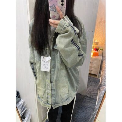 Áo khoác denim đường phố cao cấp của phụ nữ mùa xuân và mùa thu retro Hồng Kông xu hướng thương hiệu thiết kế dây kéo thích hợp áo khoác